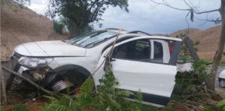 Carro sai da pista e bate em árvore na BR 356, em Itaperuna
