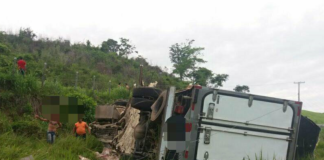 Caminhão bate em poste e tomba na BR-356, em Italva